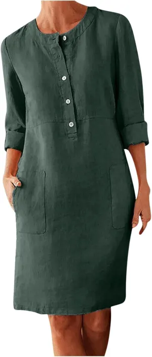 Women's Half Button Down Cotton Linen Dress Long Sleeve Fall Casual Crewneck Knee-Length Dresses with Pockets