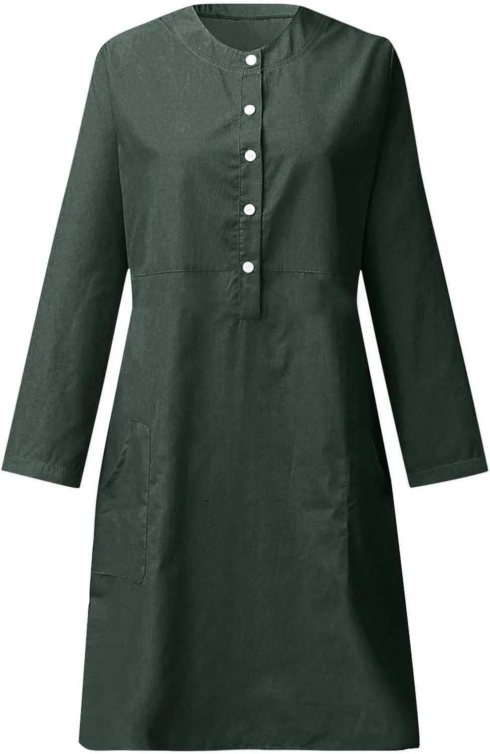 Women's Half Button Down Cotton Linen Dress Long Sleeve Fall Casual Crewneck Knee-Length Dresses with Pockets
