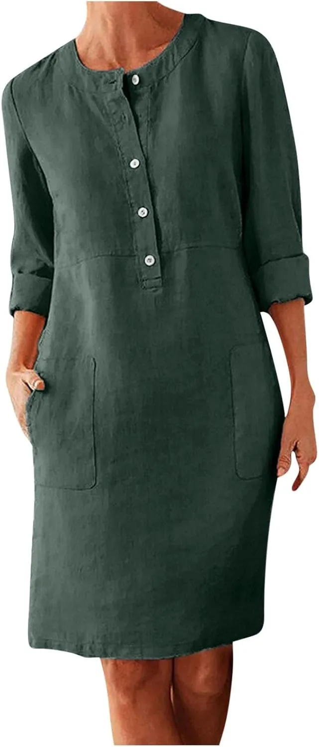 Women's Half Button Down Cotton Linen Dress Long Sleeve Fall Casual Crewneck Knee-Length Dresses with Pockets