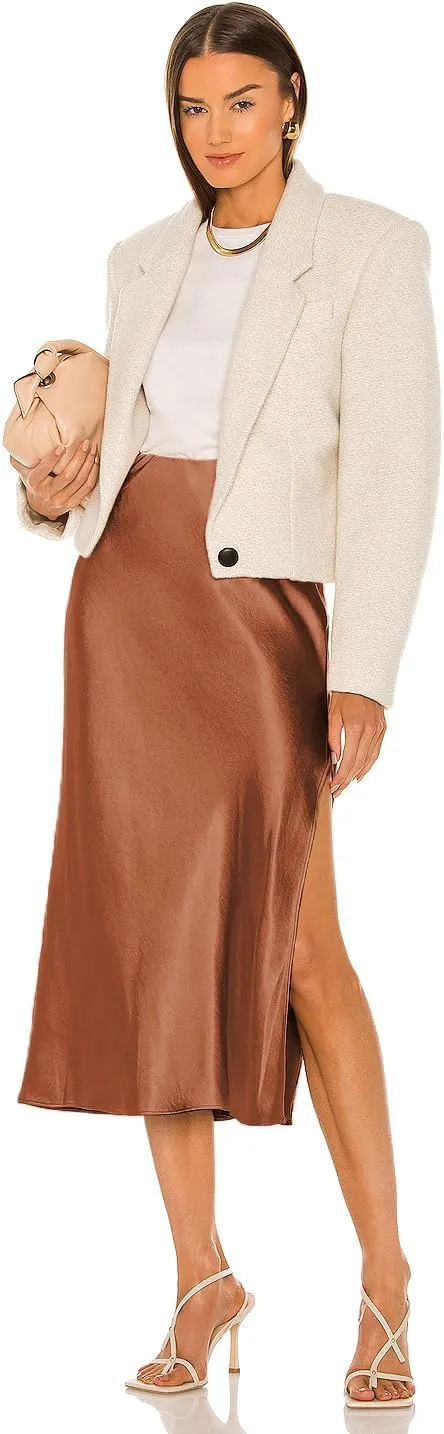 Womens High Waisted Satin Midi Skirt Elastic Waist Silk A Line Slit Midi Skirts