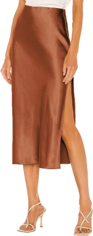 Womens High Waisted Satin Midi Skirt Elastic Waist Silk A Line Slit Midi Skirts