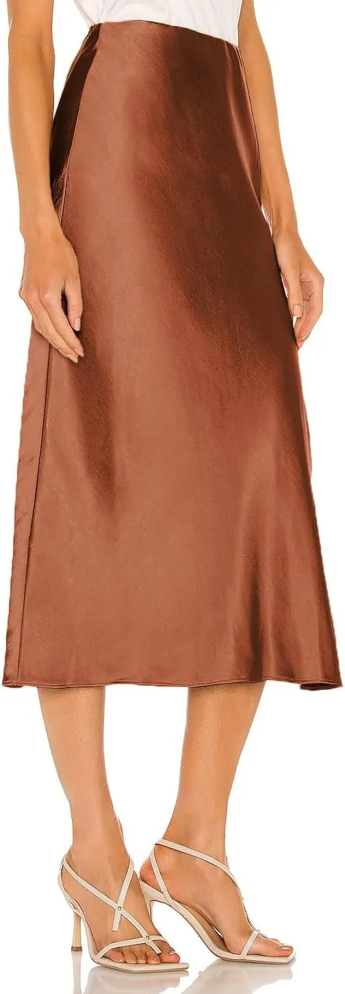 Womens High Waisted Satin Midi Skirt Elastic Waist Silk A Line Slit Midi Skirts