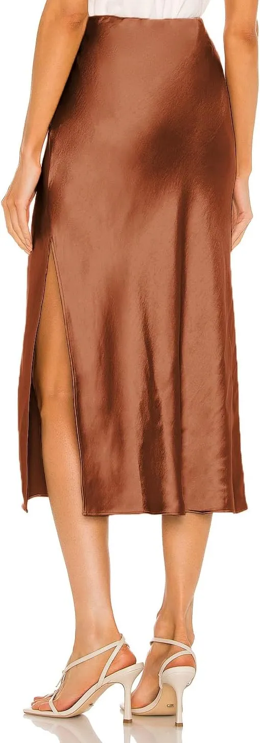 Womens High Waisted Satin Midi Skirt Elastic Waist Silk A Line Slit Midi Skirts