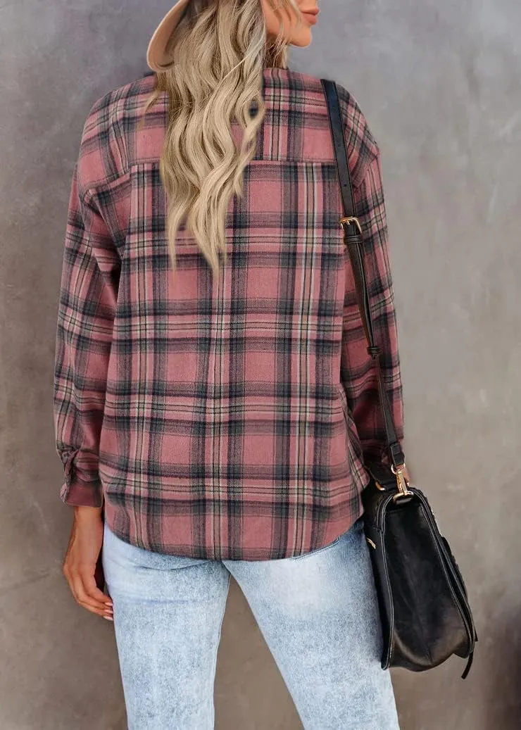 Womens Long Sleeve Plaid Shirts Flannel Collared Button Down Shackets Casual Rolled Up Boyfriend Blouses Tops