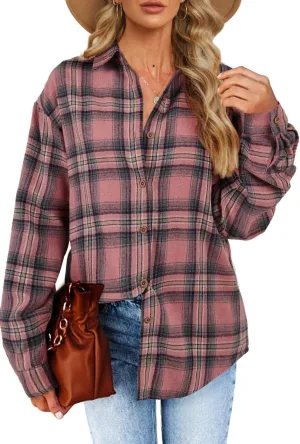 Womens Long Sleeve Plaid Shirts Flannel Collared Button Down Shackets Casual Rolled Up Boyfriend Blouses Tops