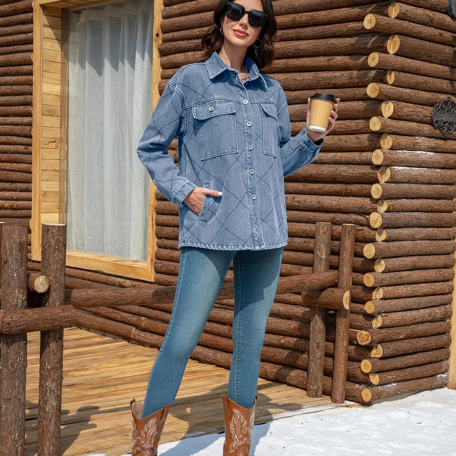 Women's Spring Denim Jacket-Lightweight Oversized Shacket with Soft Flannel Lining-Casual Everyday Wear