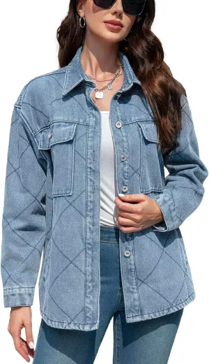 Women's Spring Denim Jacket-Lightweight Oversized Shacket with Soft Flannel Lining-Casual Everyday Wear