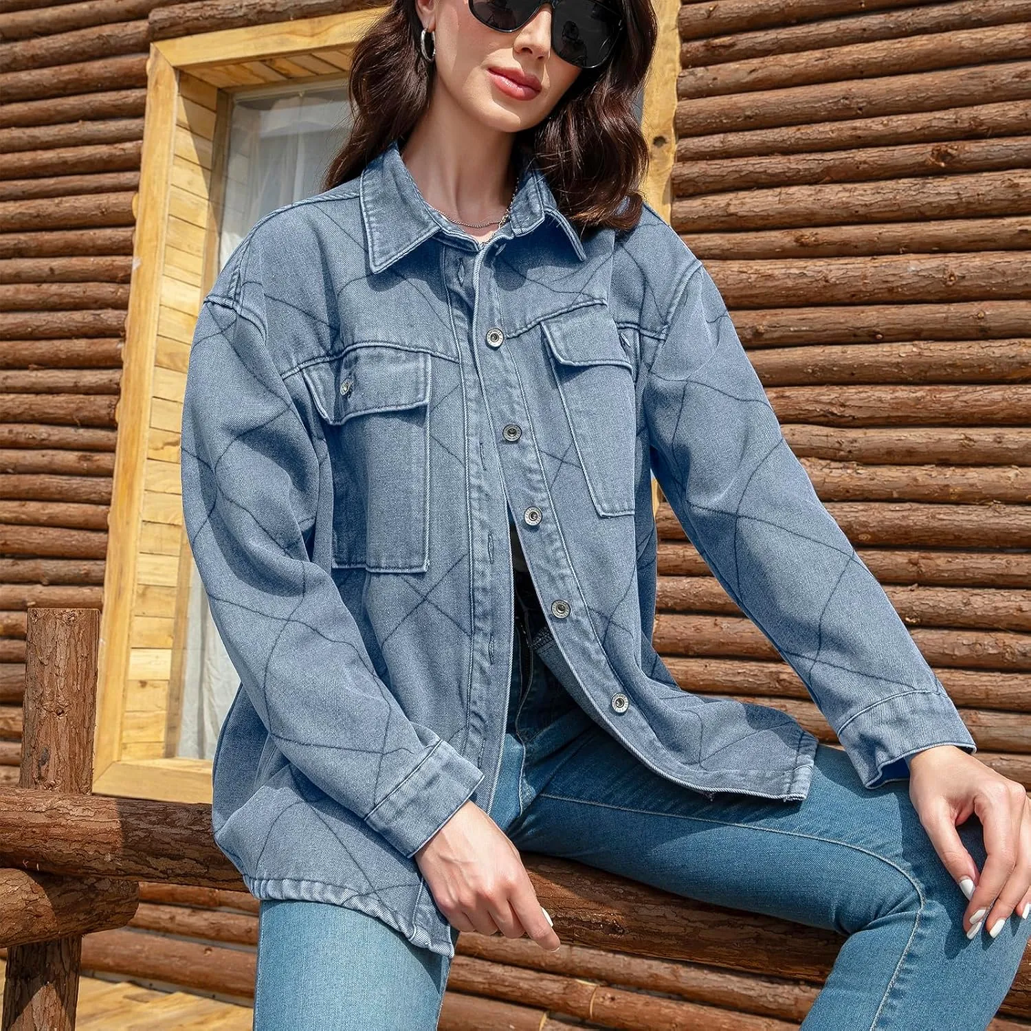 Women's Spring Denim Jacket-Lightweight Oversized Shacket with Soft Flannel Lining-Casual Everyday Wear
