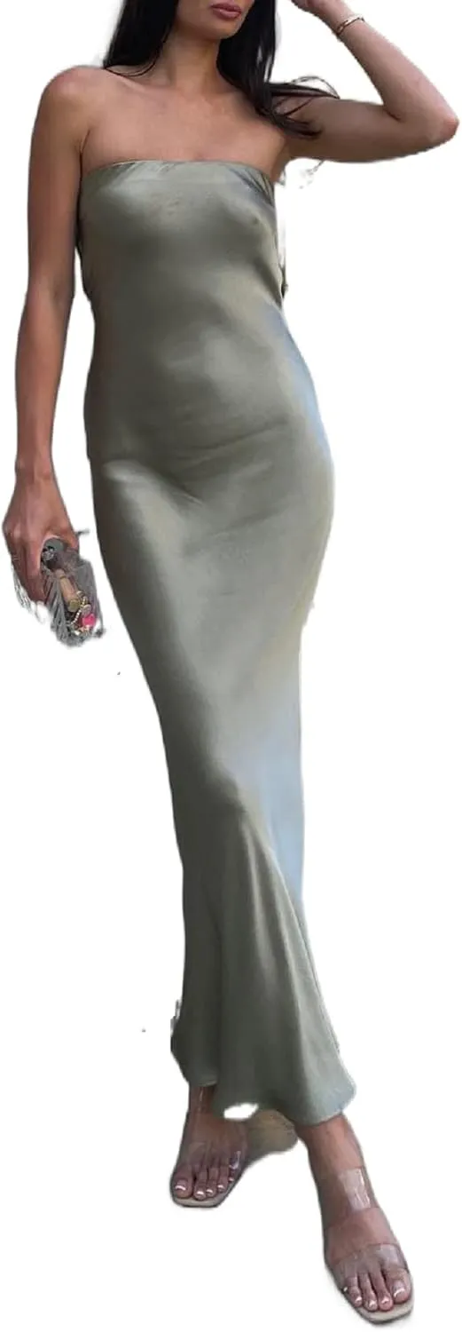 Womens Strapless Maxi Dress Tube Top Bodycon Long Dresses Ladies Elegant Cocktail Dress Summer 2022