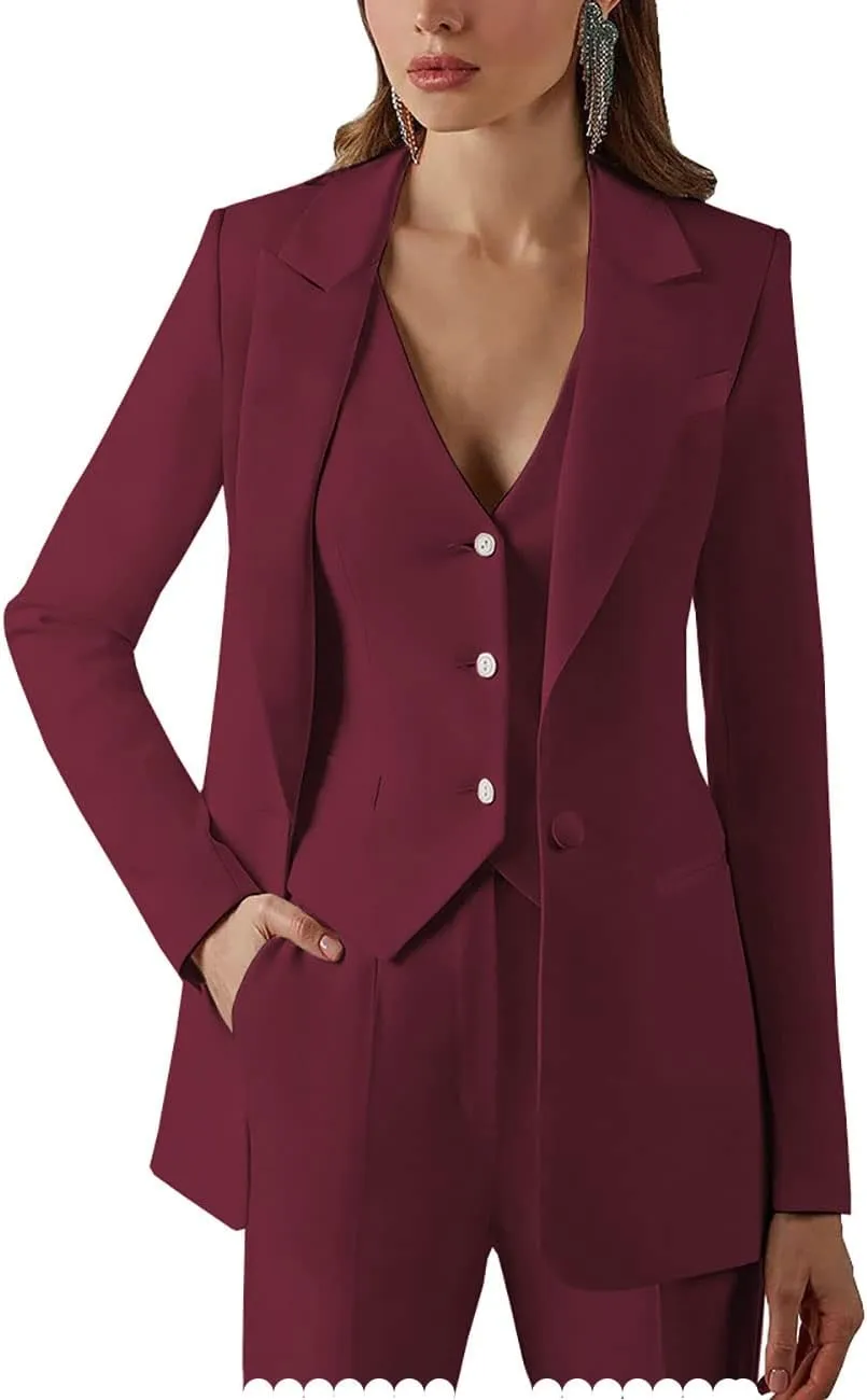 Women's Suits Formal Slim Fit 3 Piece Long Sleeved Elegant Blazer Notched Lapel Jacket for Work Set