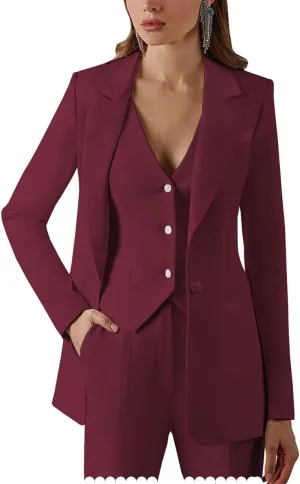 Women's Suits Formal Slim Fit 3 Piece Long Sleeved Elegant Blazer Notched Lapel Jacket for Work Set