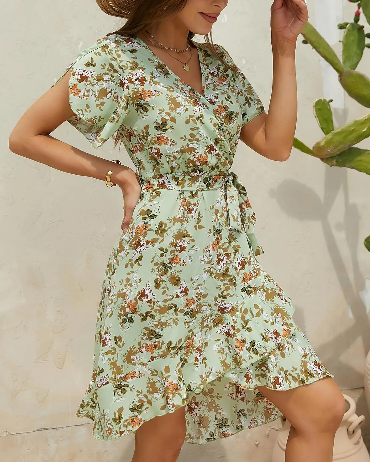 Womens Summer Dress 2025 Floral Boho Dress Wrap V Neck Short Sleeve Ruffle A Line Flowy High Low Midi Dresses