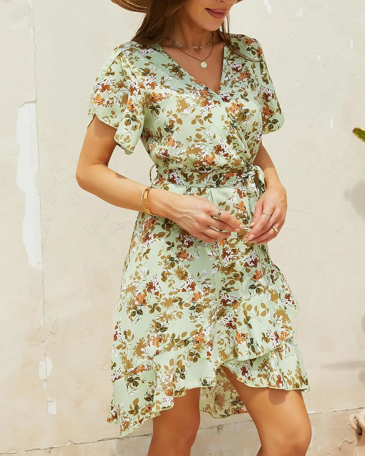 Womens Summer Dress 2025 Floral Boho Dress Wrap V Neck Short Sleeve Ruffle A Line Flowy High Low Midi Dresses