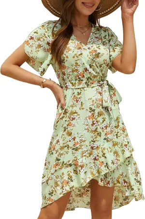 Womens Summer Dress 2025 Floral Boho Dress Wrap V Neck Short Sleeve Ruffle A Line Flowy High Low Midi Dresses