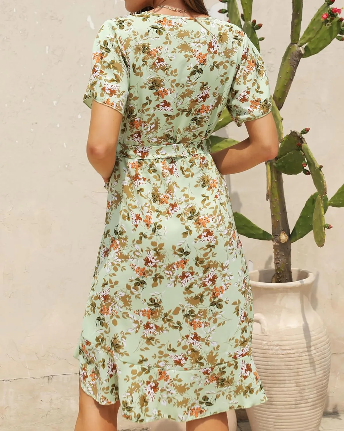 Womens Summer Dress 2025 Floral Boho Dress Wrap V Neck Short Sleeve Ruffle A Line Flowy High Low Midi Dresses