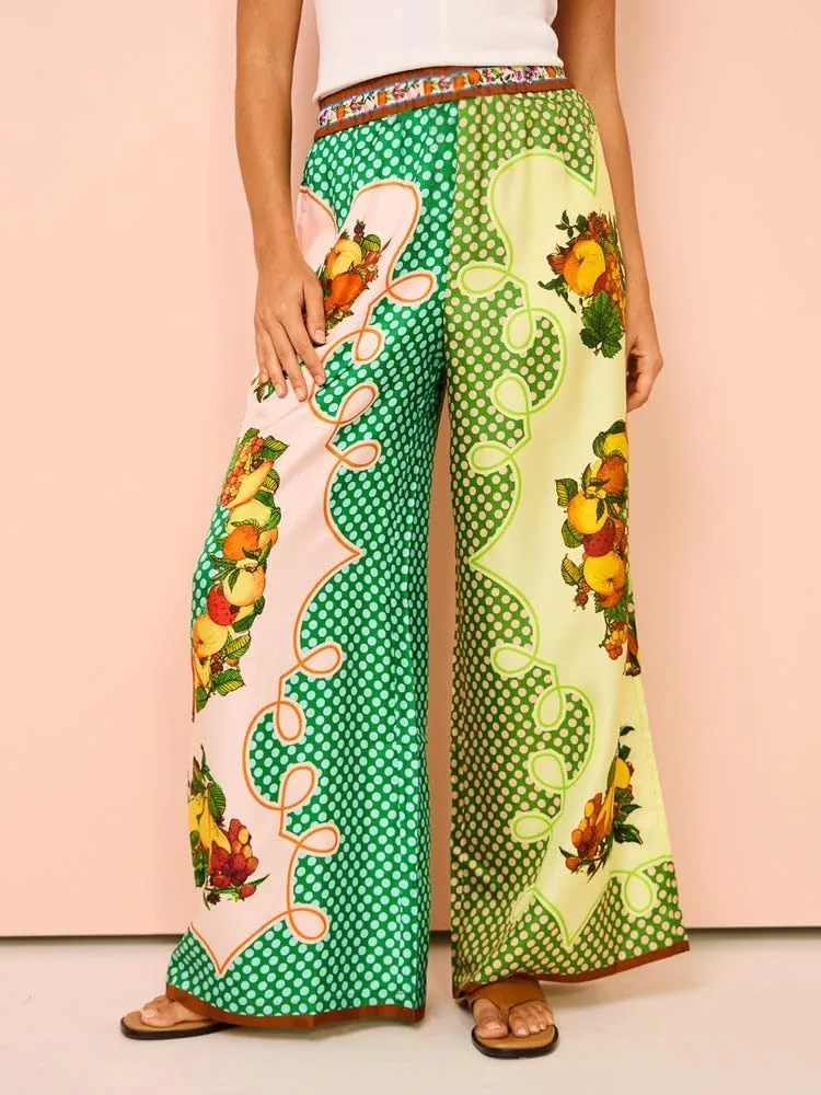 Women's Summer Print Two Piece Pajama Set Short Sleeve Outfits Button Down Tops Drawstring Long Pants Sleepwear Sets