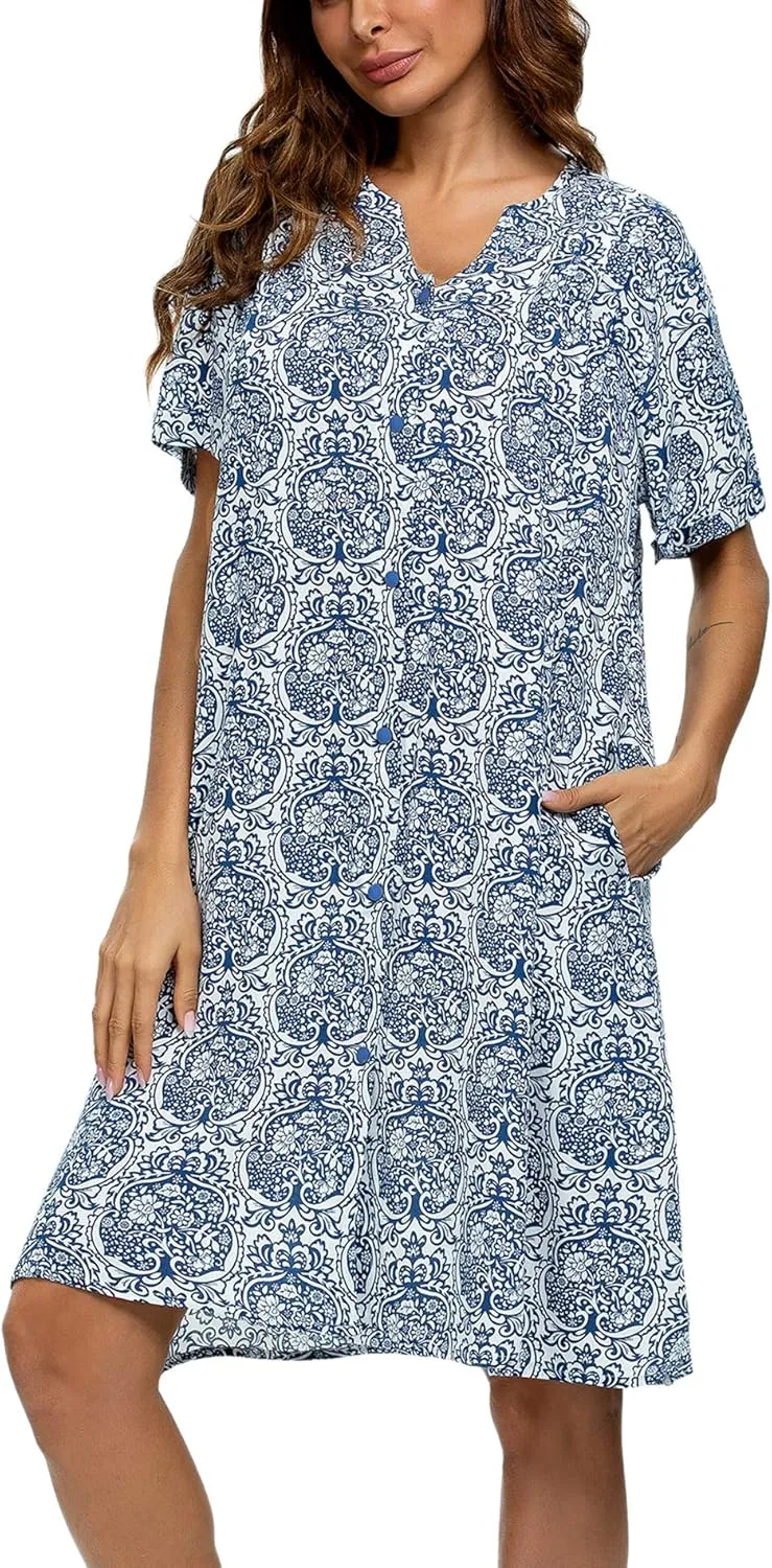 YOZLY House Dress Women Cotton Duster Robe Short Sleeve Housecoat Button Down Nightgown