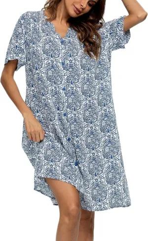 YOZLY House Dress Women Cotton Duster Robe Short Sleeve Housecoat Button Down Nightgown
