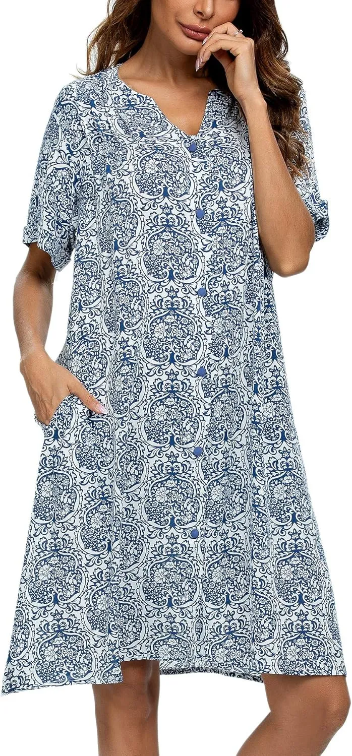 YOZLY House Dress Women Cotton Duster Robe Short Sleeve Housecoat Button Down Nightgown
