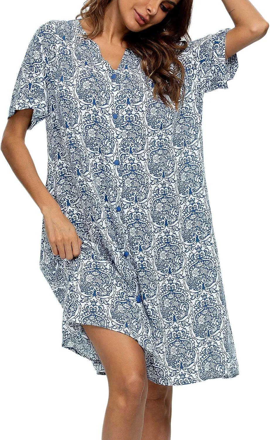 YOZLY House Dress Women Cotton Duster Robe Short Sleeve Housecoat Button Down Nightgown