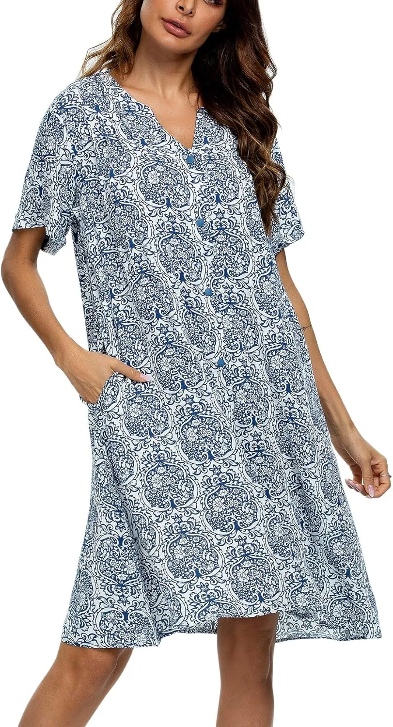 YOZLY House Dress Women Cotton Duster Robe Short Sleeve Housecoat Button Down Nightgown
