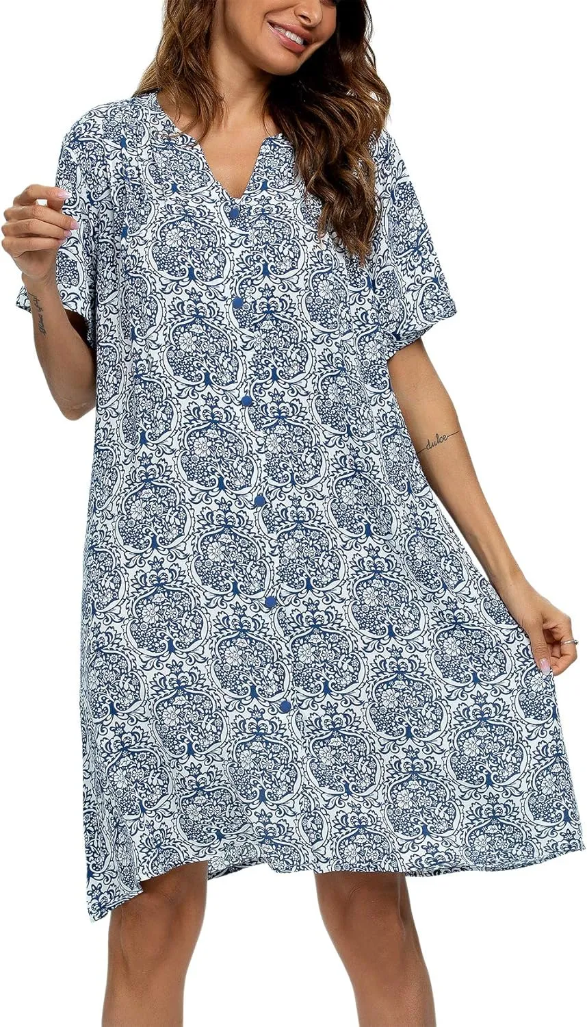 YOZLY House Dress Women Cotton Duster Robe Short Sleeve Housecoat Button Down Nightgown