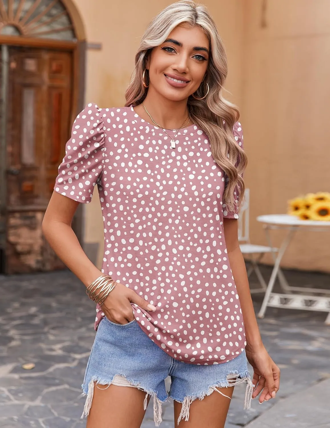 Zeagoo Blouse for Women Dressy Casual Puff Short Sleeve Boho Tops Fashion Floral Crew Neck Tunic Shirts Summer Clothes